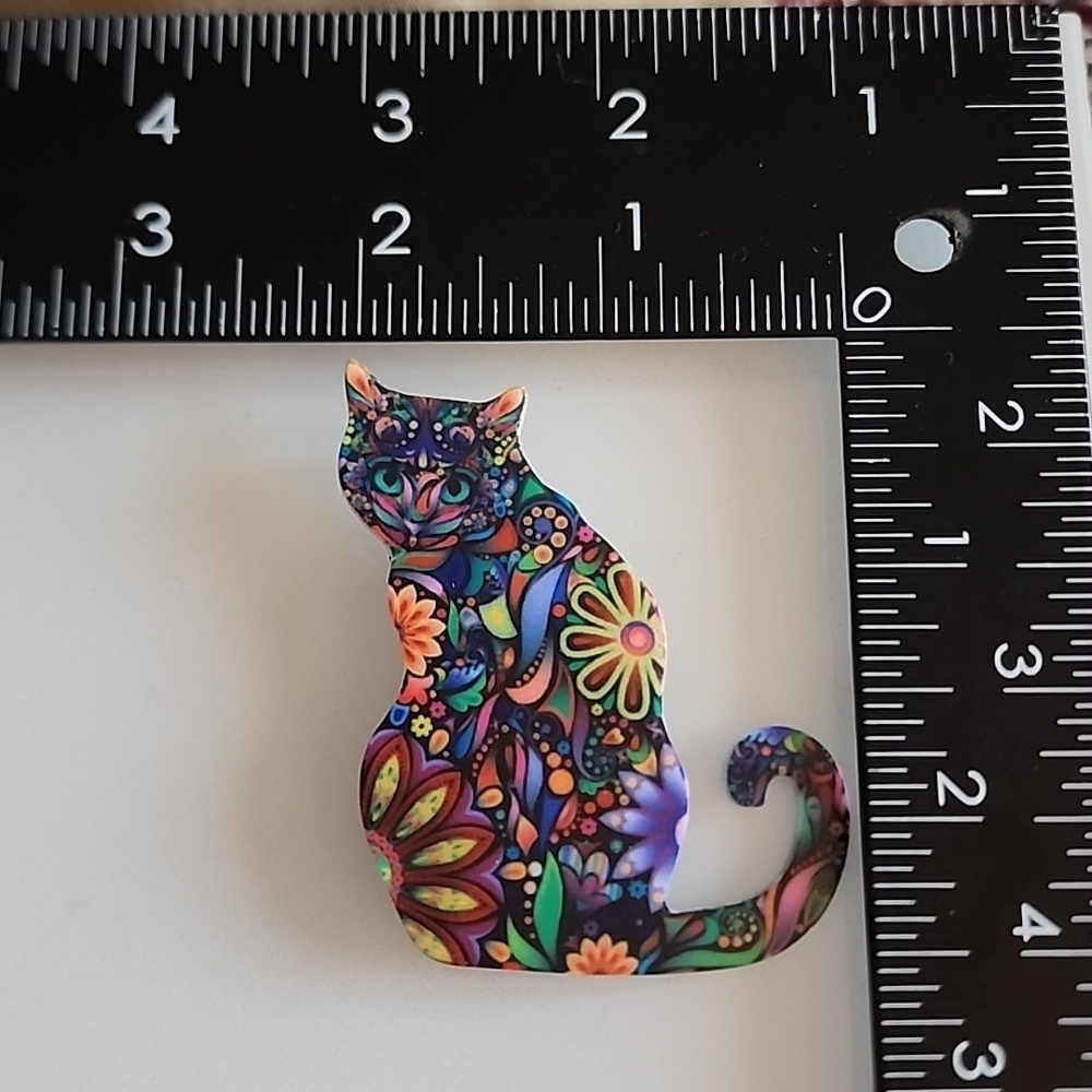 BOHEMIAN Pattern Acrylic Cat Brooch BRG - Picture 3 of 4